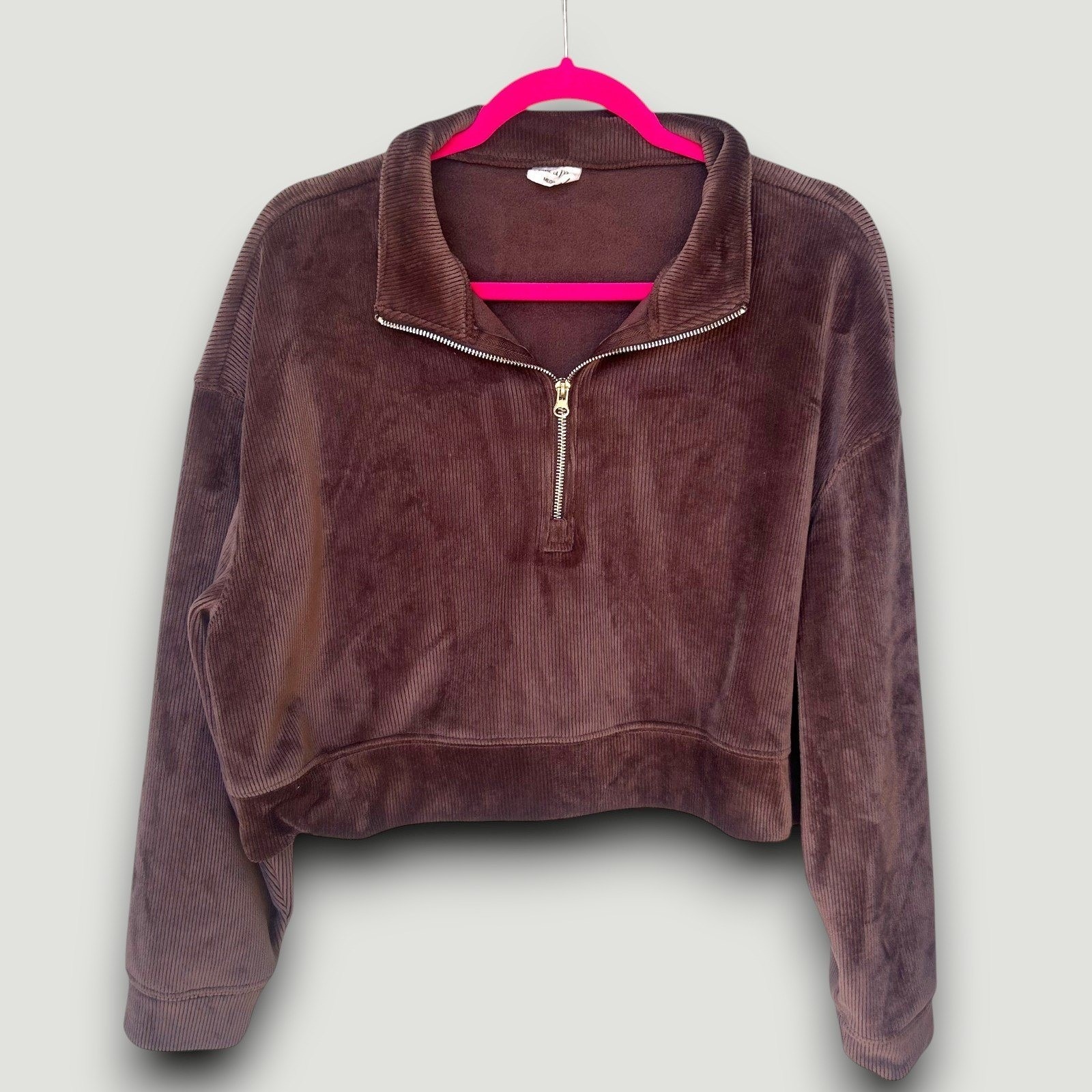 House Of Mae Pullover Women M Mauve Cropped Corduroy Quarter-Zip Cozy Retro